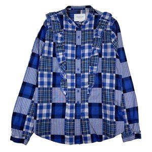The Shirt Rochelle Behrens Ruffle Plaid Patchwork Button Shirt Size L Blue